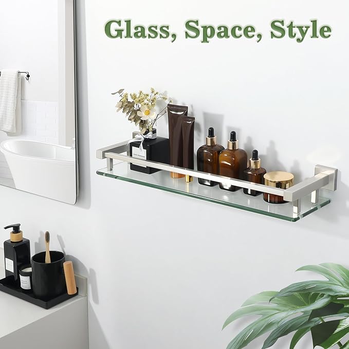 Alise Bathroom Shelves,Brushed Nickel Glass Shelf for Bathroom, Modern Floating Shelves,20 inch