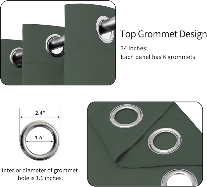Easy-Going Blackout Curtains for Bedroom, Solid Thermal Insulated Grommet and Noise Reduction Window Drapes, Room Darkening Curtains for Living Room, 2 Panels (34x63 in, Greyish Green)