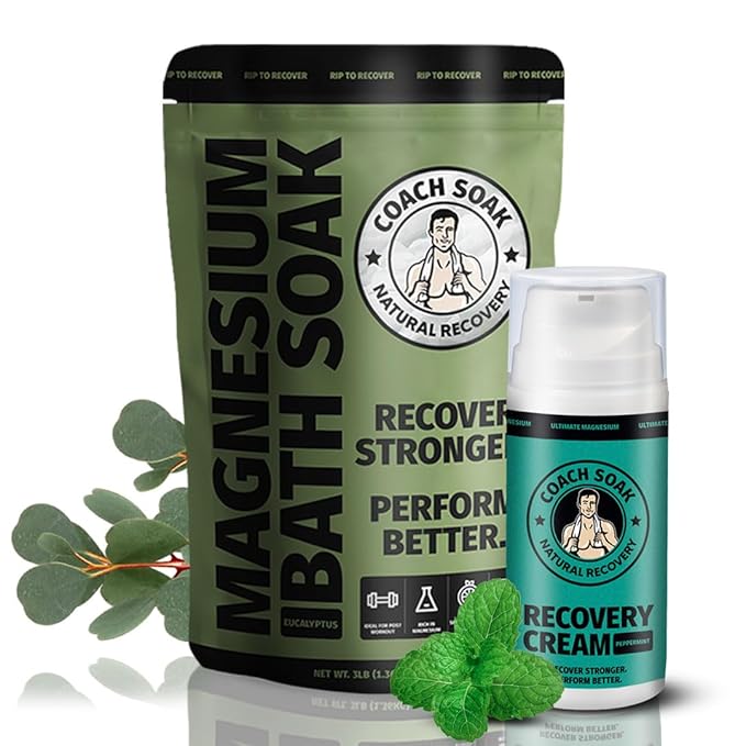 Coach Soak Recovery Bath Soak & Cream - Alternative to Epsom Salt Bath Soak - Fast-Absorbing Pure Magnesium Flakes with 21 Minerals, Bath Salts & Essential Oils - 2 Pack - Cooling Peppermint