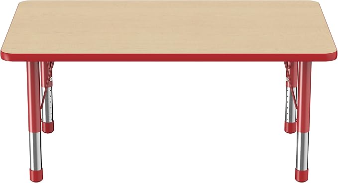 FDP Rectangle Activity School and Classroom Kids Table (30 x 48 inch), Chunky Toddler Legs, Adjustable Height 15-24 inches - Maple Top and Red Edge