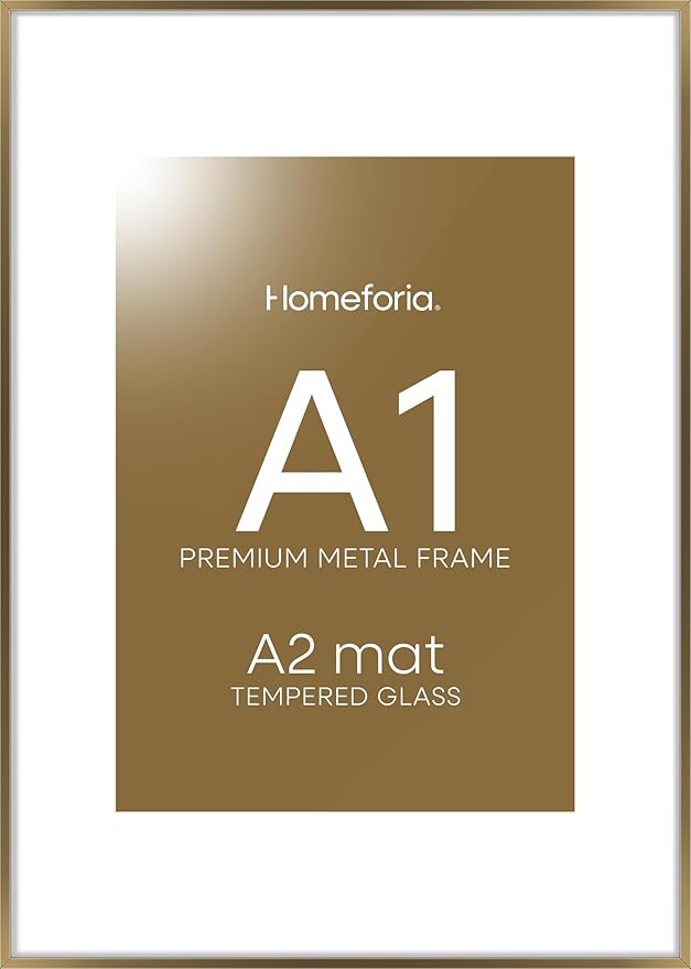 Homeforia A1 Poster Frame Bronze, High End Metal 23.4 x 33.1 inch Large Picture Frames with Mat for 16.5 x 23.4 Photo, A1 Size Brass Frame Matted to A2 Print, 23.4x33.1 Frame, Tempered Glass, Set of 1