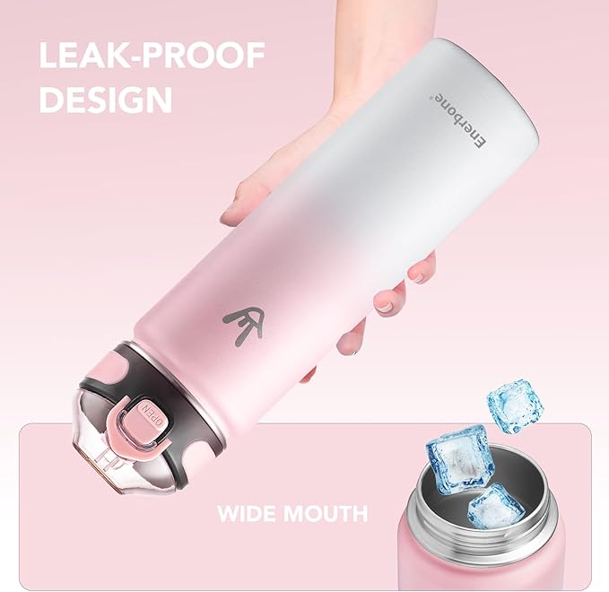 Enerbone 24 oz Insulated Water Bottle, Stainless Steel Bottle with Carrying Strap, Double-Wall Vacuum Insulation Design, Leakproof Sports Bottle with Straw, Keep Drinks Cold or Hot for Hours