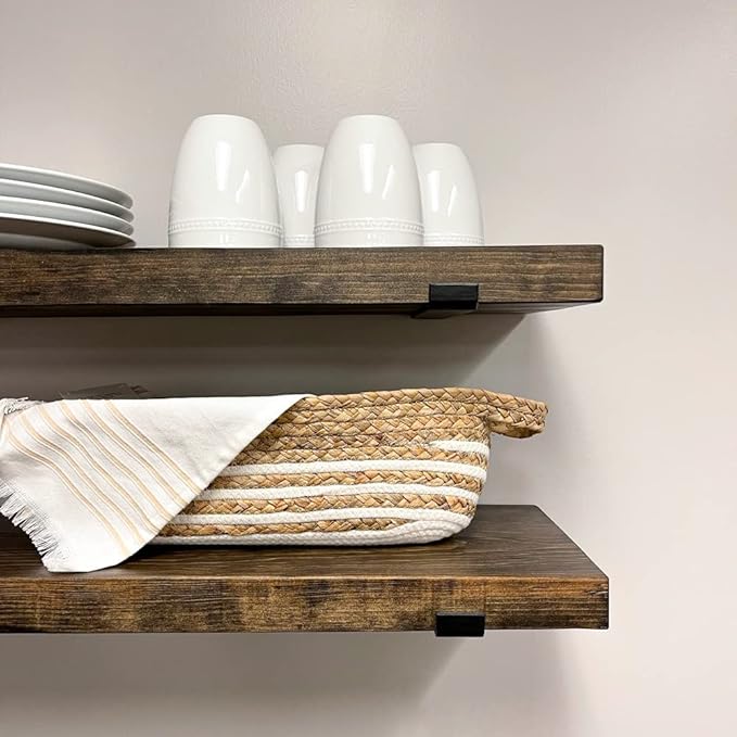 Rustic Shelves with J-Brackets Set of 2, Industrial Shelf, Kitchen Shelves, Solid Wood, Decorative Wall Storage, Heavy Duty, URBANDI (Dark Brown, 36Wx12D)