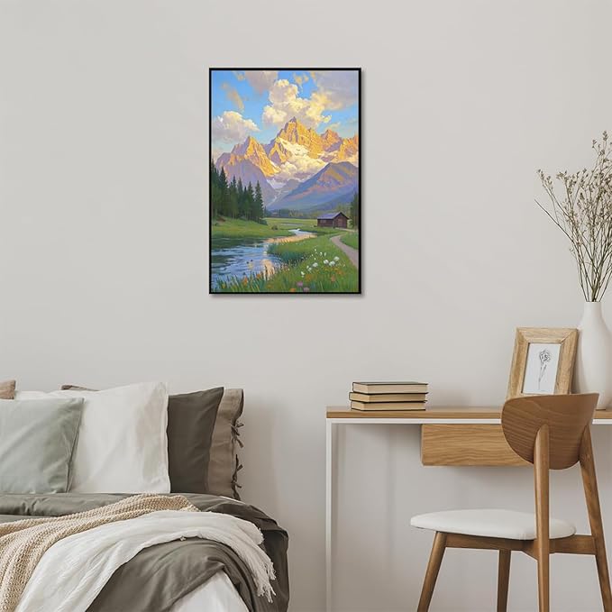 The mountain stream and lawn scenery under the sun is suitable for posting in the living room bedroom office landscape poster wall painting