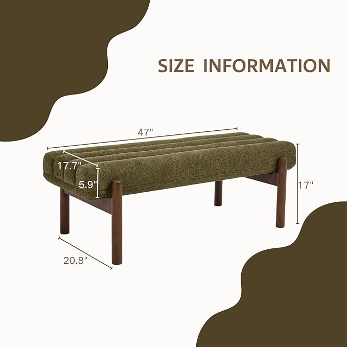 Green Upholstered Bench Modern End of Bed Bench Chenille Fabric Bedroom Bench for Entryway Living Room Vanity Makeup Room, 47" Long, Wooden Legs