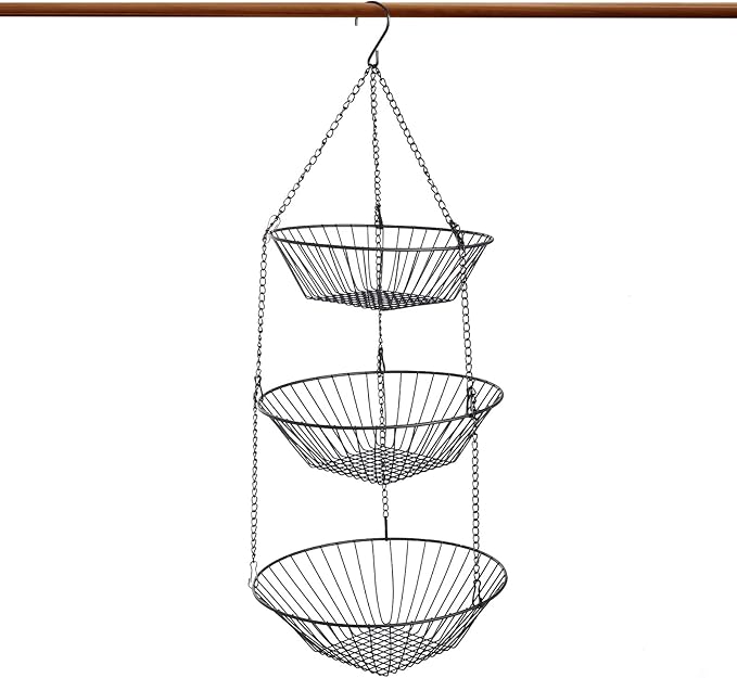 3-Tier Wire Fruit Hanging Basket 2 Packs,non-Punching Wall Hanging Storage,Kitchen Bathroom Organization Basket,Suitable for Bathroom,Kitchen,Closet,Garden,Black