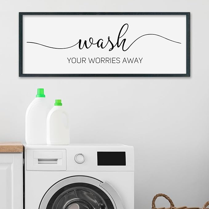 SRSZHIYUE Wash Your Worries Away Bathroom Sign Wall Art 32"×12" Funny Restroom Toilet Large Wood Framed Hanging Decor (Black)