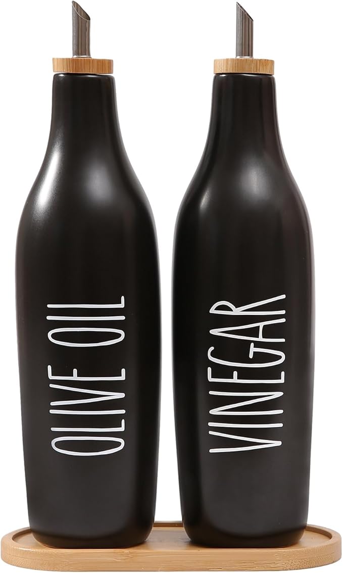 HOMCDALY Olive Oil and Vinegar Dispenser Set, Ceramic Oil and Vinegar Bottles with Bamboo Tray, 16.9oz Kitchen Cruet - Set of 2 - Black