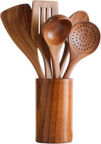 Wooden Spoons for Cooking, Cooking Utensils Set of 6 Natural Teak Wooden Cooking Spatulas with Utensils Holder Comfort Grip Wooden Kitchen Utensils for Nonstick Cookware