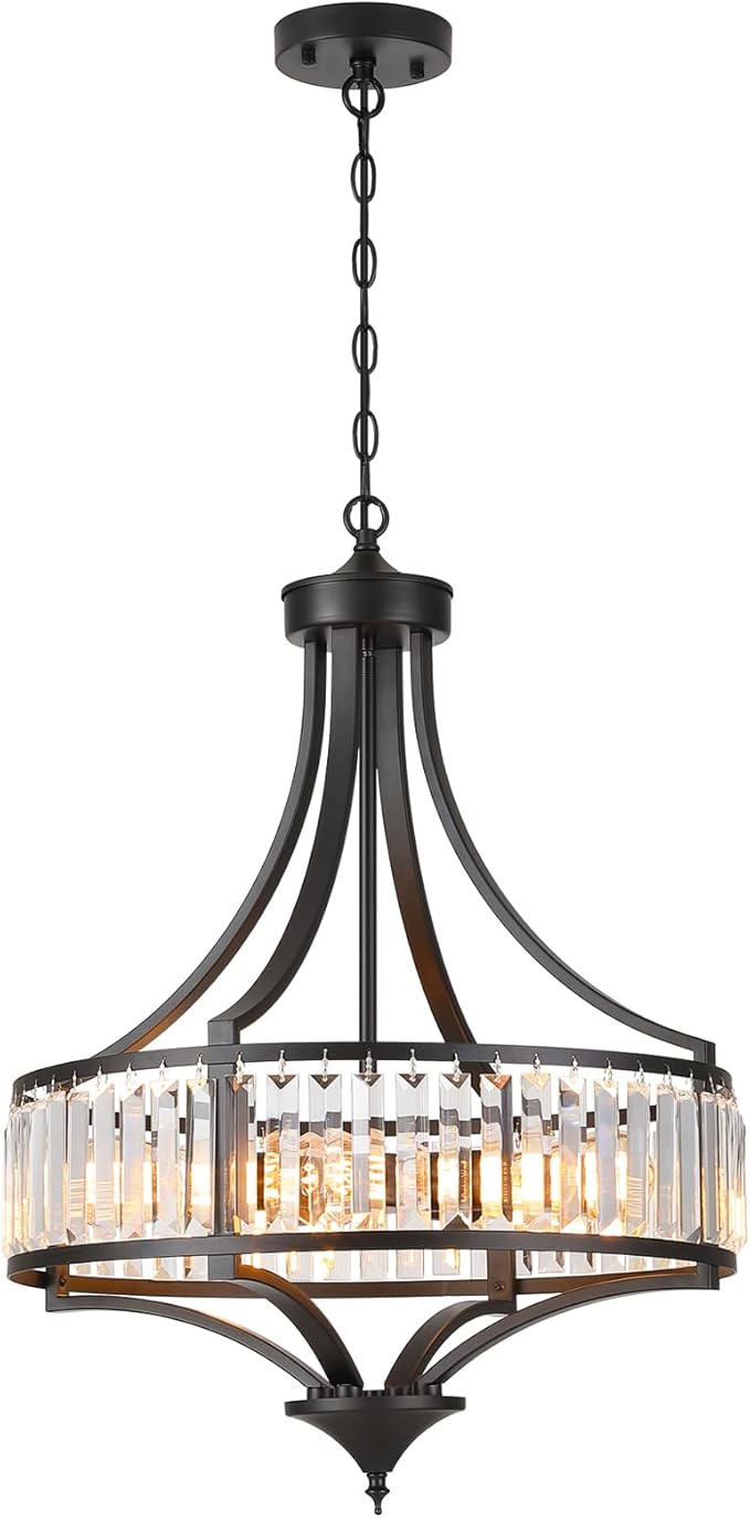 Modern Black Crystal Chandelier, 20 Inch Large Ceiling Pendant Light Fixture with 50'' Adjustable Hanging Chain, 5-Light Farmhouse Chandelier for Dining Room, Living Room, Bedroom, Entryway