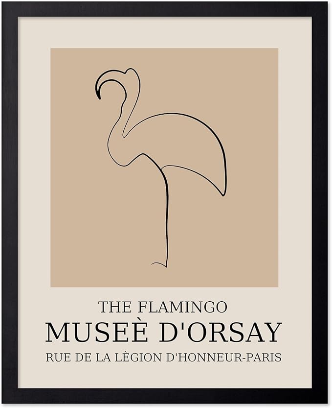 Poster Master Vintage Poster - Retro Minimalist Print - Gift for Artist, Housewarming - Flamingo, Line Drawing, Sketch, Abstract - Wall Decor for Living Room, Bedroom, 11x14 Black Framed