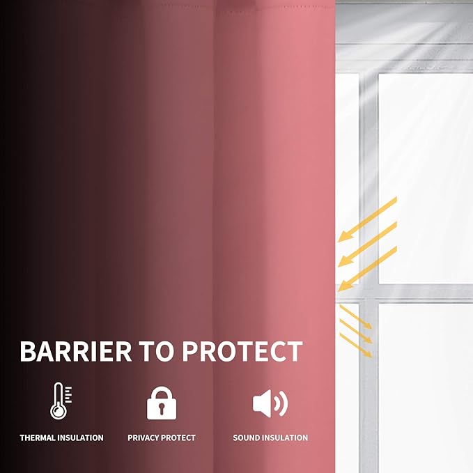 Easy-Going Blackout Curtains for Bedroom, Solid Thermal Insulated Grommet and Noise Reduction Window Drapes, Room Darkening Curtains for Living Room, 2 Panels (52x46 in,Pink)