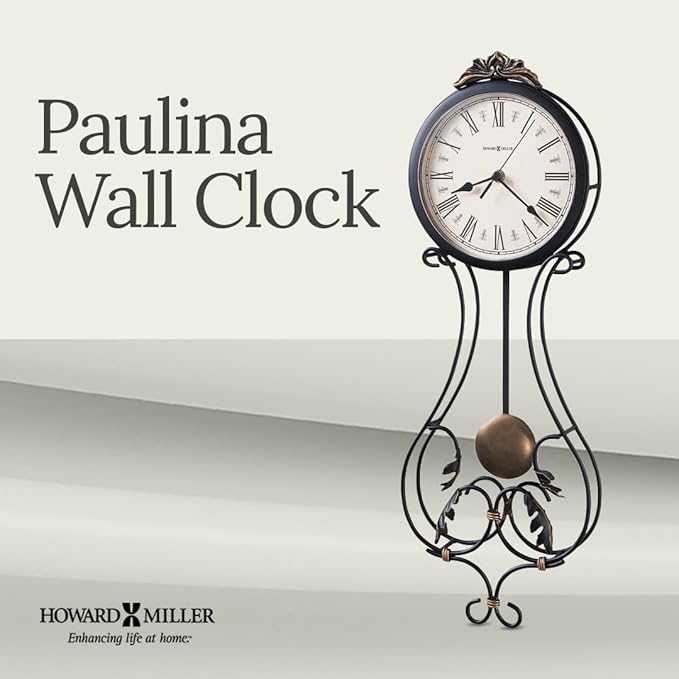 Howard Miller Paulina Wall Clock, Gray Finishes with Golden Pendulum & Quartz Movement, Classic Round White Dial with Roman Numeral Perfect for Home Decor, Living Room & Office Wall Mount