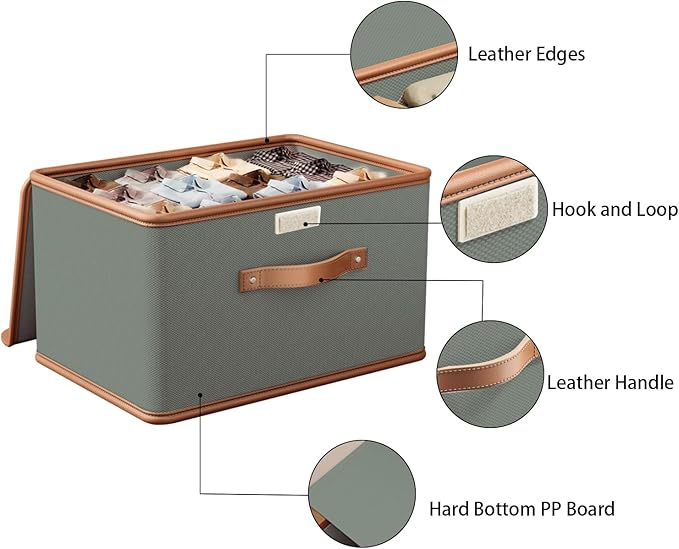 Tuza 4 Pack Storage Bins with Lids, Collapsible Closet Organizer Container, Fabric Organizer Box with Handles, Decorative Storage Boxes with Lids for Organizing Clothes, Blanket, Grey, Large