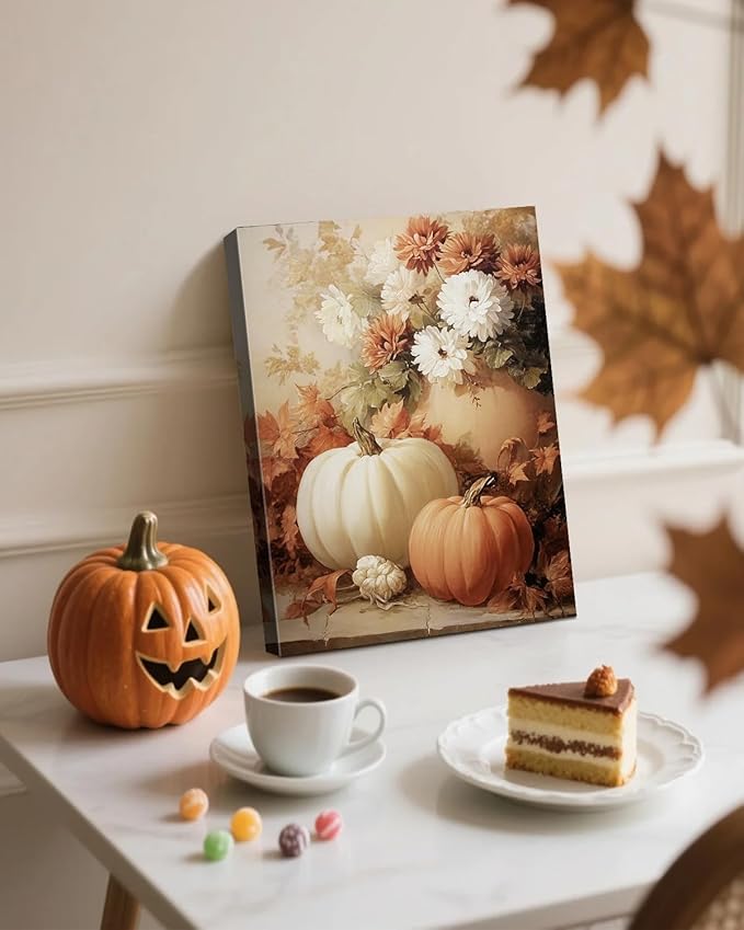 AbcCustomize Fall Wall Art Pumpkin Floral Print, Vintage Thanksgiving Decorations Canvas for Autumn Decor, Rustic Daisy Farmhouse Wall Art Decor for Bedroom Living Room Kitchen, Ready to Hang