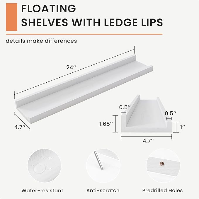 Solid Ash Wood Picture Ledge Shelf, 24 Inch Floating Shelves with Lip Set of 2, Photo Ledge Shelf Nursery Bookshelf Wall Mounted for Living Room Bedroom Decor, White