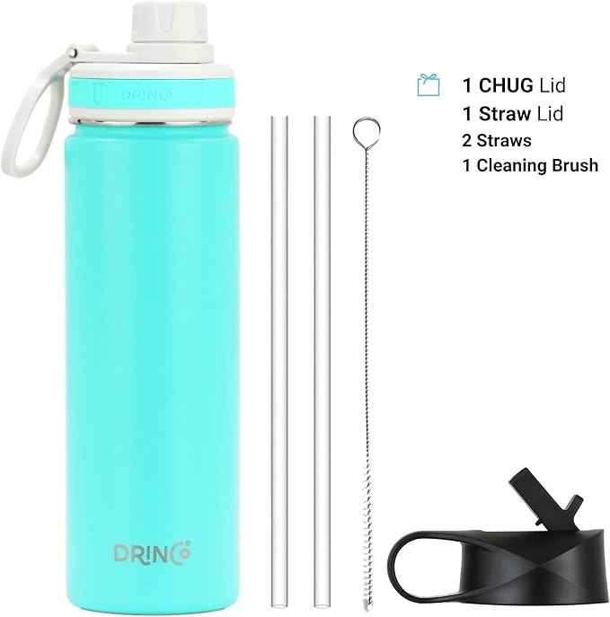 DRINCO Stainless Steel Water Bottle Spout Lid Vacuum Insulated Double Wall Water Bottle Wide Mouth (40oz 32oz 22oz 18oz 14oz) Leak Proof Keep Cold Sport Camping Hiking (22 oz, 22oz Teal)