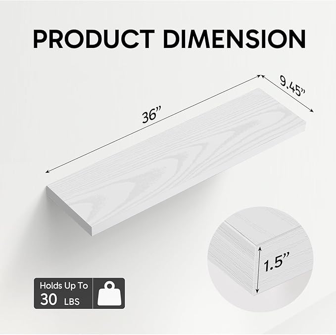 BAYKA Floating Shelves for Wall, 36 inches Wall Mounted Rustic Wood Shelves for Bathroom, Bedroom, Living Room, for Storage/Decor with 30lbs Capacity（White,Set of 3