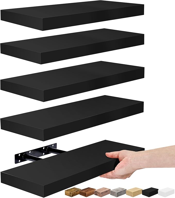 Sorbus Floating Shelves for Wall, Bathroom Shelves Wall Mounted for Kitchen, Bedroom, Living Room, Bathroom Storage, Over Toilet, Hanging Book Shelf for Ｗall Home Decor (Black, 5 Pack)