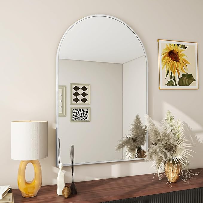 BEAUTYPEAK 20"x30" Arch Bathroom Mirror, Wall Mounted Vanity Metal Frame Mirror for Bedroom, Entryway, Living Room, Silver