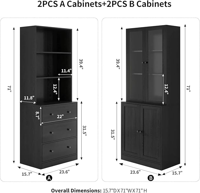 TUSY 71" Bookshelf Bookcase, 3-Tier Modern Bookshelves 3 Large Drawer, Wood Filing Cabinet with Open Storage Shelf, Glass Doors 5-Tier Fixed Storage Shelves for Home Office (Black)