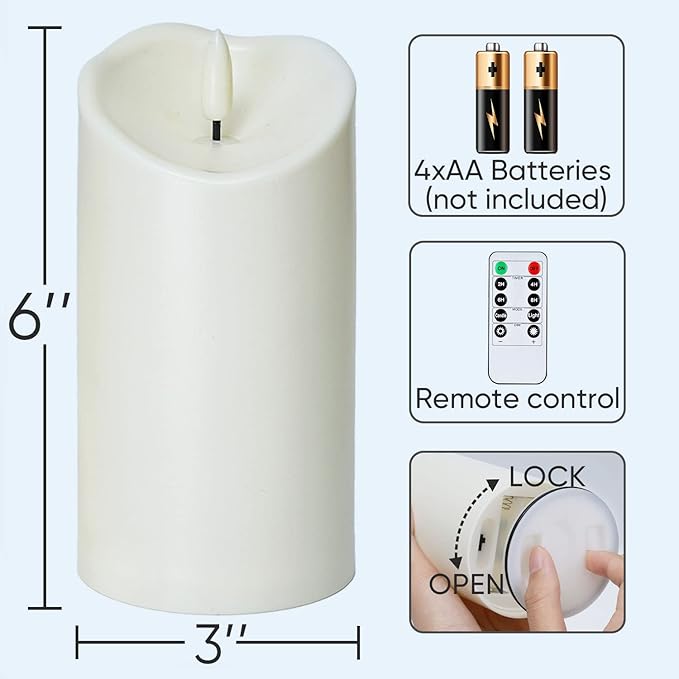 Homemory 6"x3" Outdoor Waterproof Flameless Candles, LED Candles, Battery Operated Candles with Remote and Timers, Electric Fake Plastic Pillar Candles, Ivory White, Set of 2