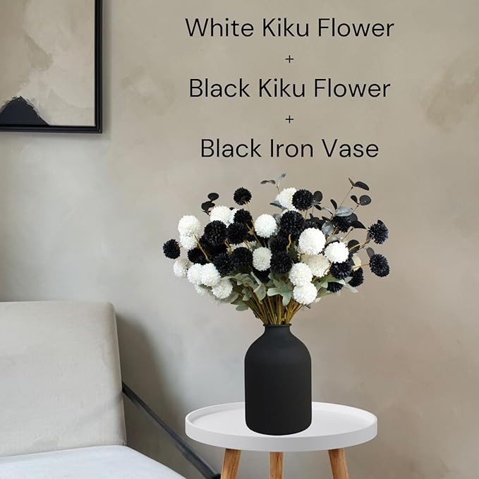 RyddeligHome Black Artificial Flowers for Centerpieces Bulk 10 Long Stems /50 Small Faux Silk Mum Balls + Black Eucalyptus Stems 2 Branches, Fall Boho Halloween Home Decor Indoor, Gothic Flowers