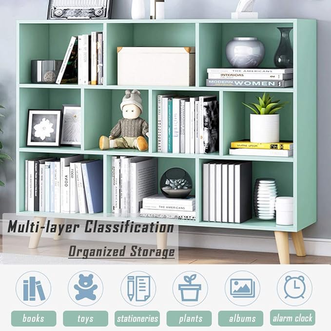 IOTXY Wooden Open Shelf Bookcase - 3-Tier Floor Standing Display Cabinet Rack with Legs, 10 Cubes Bookshelf, Tiffany-Green