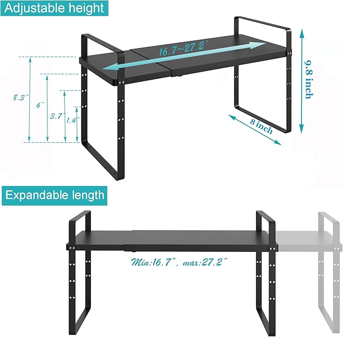 iPEGTOP Expandable Cabinet Storage Shelf Organizer Rack, Heavy Duty Cupboard Stand Spice Rack Adjustable Height Pantry Garage Shelf Space Riser for Counter Kitchen Organization, Black, 1 Pack
