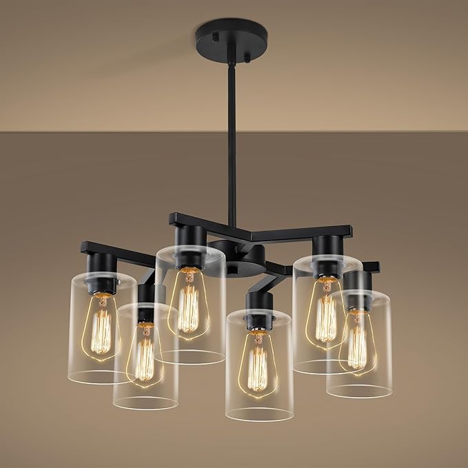 6-Light Modern Farmhouse Black Chandelier, Dining Room Light Fixture Over Table Adjustable Height Hanging Industrial Pendant Lights Kitchen Island, Clear Glass Shade