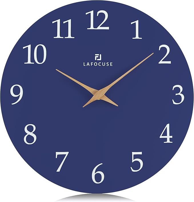 Lafocuse 12 Inch Silent Navy Blue Wall Clock Battery Operated, Wooden, Simple, Minimalist, Kitchen, Living Room, Bedroom, Office, Home Décor