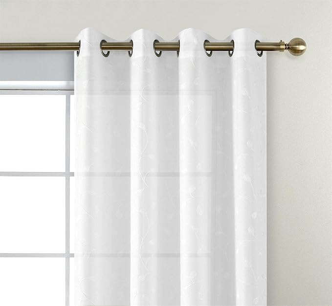 MIUCO Floral Embroidery Semi Sheer Curtains Faux Linen Grommet Window Curtains for Bedroom Living Room 63 Inch Length 2 Panels, Pure White