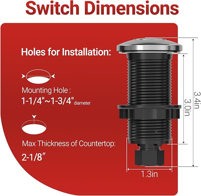 APIELE Garbage Disposal Air Switch Kit, Sink Top Push Button Switch for Food Waste Disposer, UL Listed 3.6" Long On/Off Air Button (Glossy Stainless Steel)