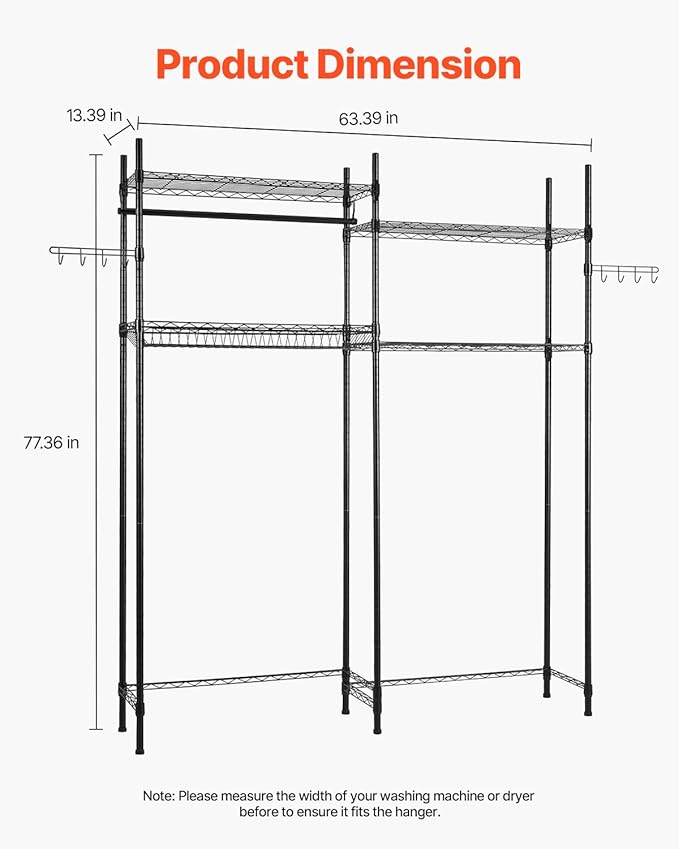 VEVOR Over The Washer and Dryer Storage Shelf, 4 Tier Laundry Room Drying Rack with Hanger Rod and Hooks, Adjustable Over Washer and Dryer Shelves, Laundry Room Shelf Storage Space Saver, Black