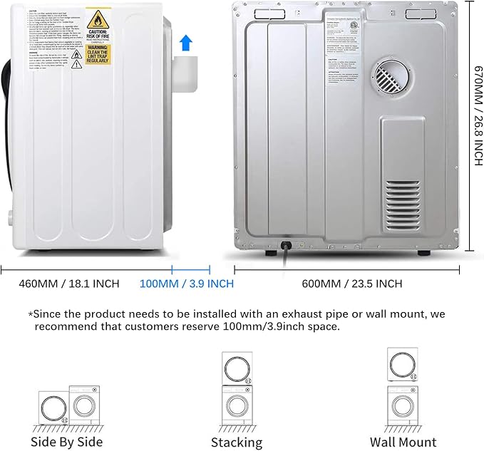 CTT 3.5 Cu. Ft. Clothes Dryer, 1500W Electric Dryers for Clothes, 110V Electric Clothes Dryer with Stainless Steel Drumble for 13.2 lbs. with 4 Automatic Drying Modes (White)
