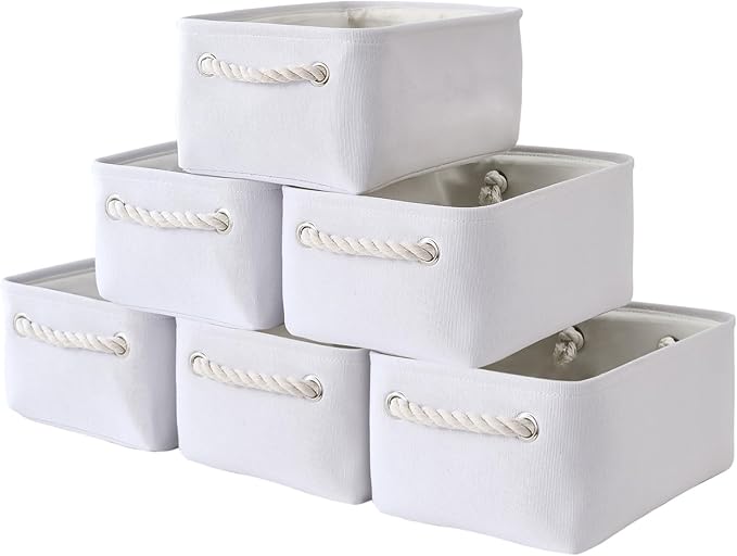 TheWarmHome Storage Basket for Organizing - Small 6 Pack 11.8x7.8x5.2 inch Gifts for Empty with Rope, Fabric Storage Cubes for Decorative Cloth Dog Livehome (White)