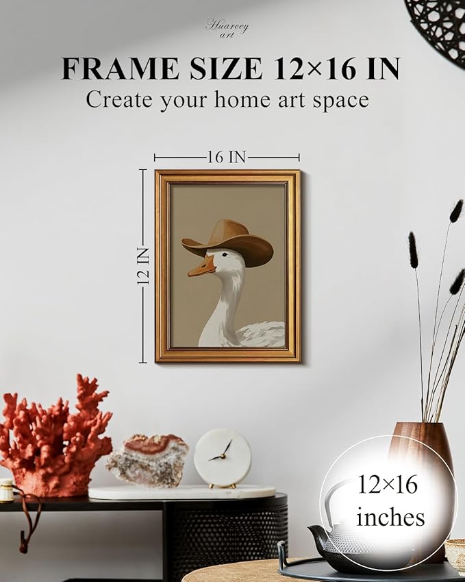 HUARCEY Gold Framed Vintage Wall Art for Living Room, Trendy Duck Canvas Print Wall Decor Maximalist Eclectic Artwork Gallery Picture Oil Painting Boho Western Cowboy Decor Bedroom Bathroom 12"x16"