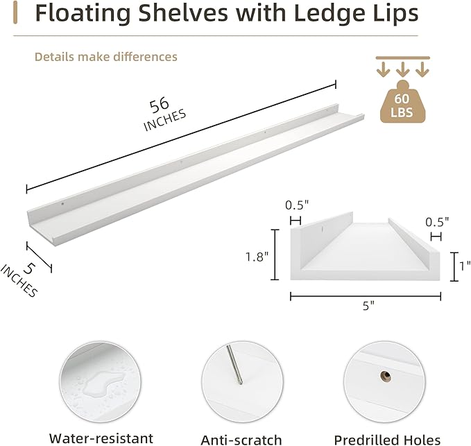 Picture Ledge Shelf, Wood Long Floating Shelves for Wall, Set of 2, 56 inch Picture Ledge Shelves, Photo Ledge Nursery Book Shelves Wall Mounted for Living Room Kids' Room Bedroom, Color White