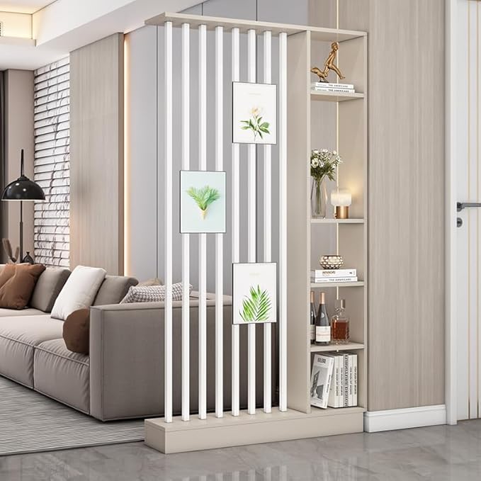 Wall Room Divider, Storage Cabinet Storage Display with Shelves, Modern Freestanding Wood Room Divider Screen, Wall Privacy Screens for Home Decorative (Beige+White,43.3" L x 9.5" W x 79.5" H)