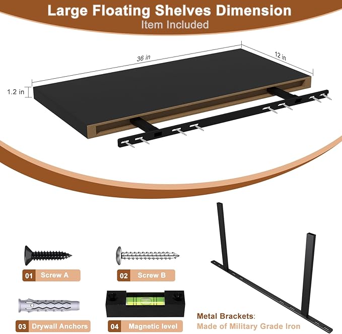 12 Inch Deep Floating Shelves for Wall 3 Pack Floating Shelves Large Storage Space Wall Mount Shelf for Living Room Kitchen Bathroom 36" W x 12" D x 1.2" H Black