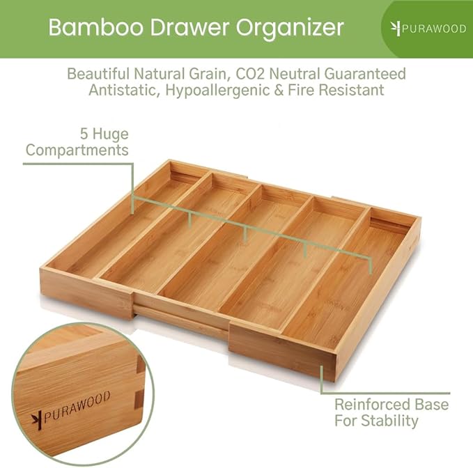 Bamboo Drawer Organizer, 2 Pack - Expandable Silverware Organizer & Utensil Drawer Organizer, Cutlery Tray with Dividers, 7-9 Slots - Premium Kitchen Organizer for Utensils & Flatware (Natural)