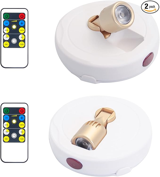 Battery Operated Spotlights, Cordless Picture Light, Dimmable Accent Lighting, Wireless LED Puck Lights, Stick on Lights with Remote for Plant Photo Painting Art Dartboard Portrait