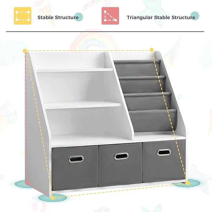 Kids Bookshelf, Kids Toy Storage Organizer with Storage Bins, Wooden Bookshelf and Book Display Shelf for Bedroom, Playroom, Nursery, Classroom, White
