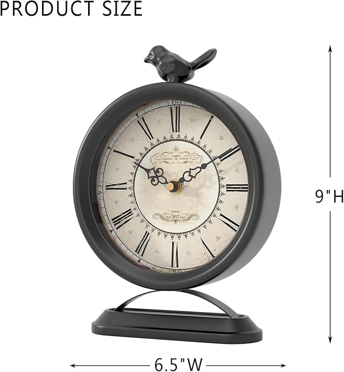 Vintage Table Clock with Bird, European Antique Style Black Mantel Clocks, Desk and Shelf Decor Clock, for Farmhouse, Bedside, Living Room, Bedroom, Gift (9" H x 6.5" W)