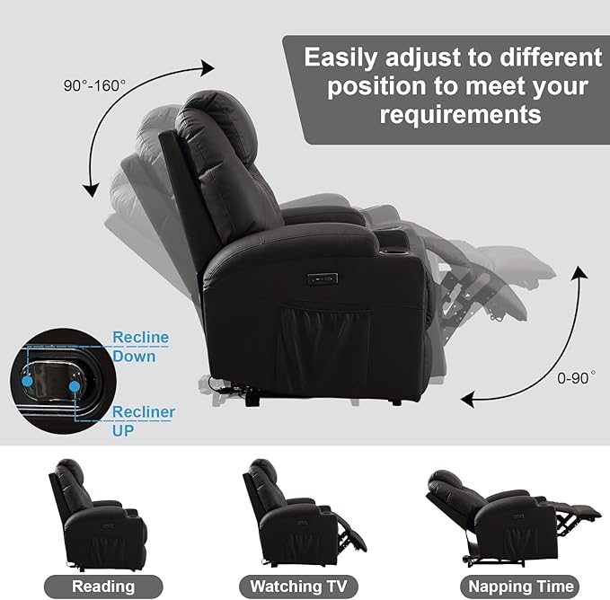 Power Recliner Chair with Heat and Massage, PU Leather Home Theater Seating with LED Lights/Cup Holders/Side Pocket/USB Port, Reclining Sofa Chair for Living Room (1, Brown)