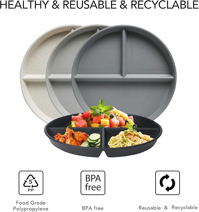 greenandlife 10 Inch 4PCS Unbreakable Portion Control Plates, Divided Plates for Kids Adults, Dishwasher & Microwave Safe Compartment Plate, Lightweight Reusable Wheat Straw plate, BPA Free