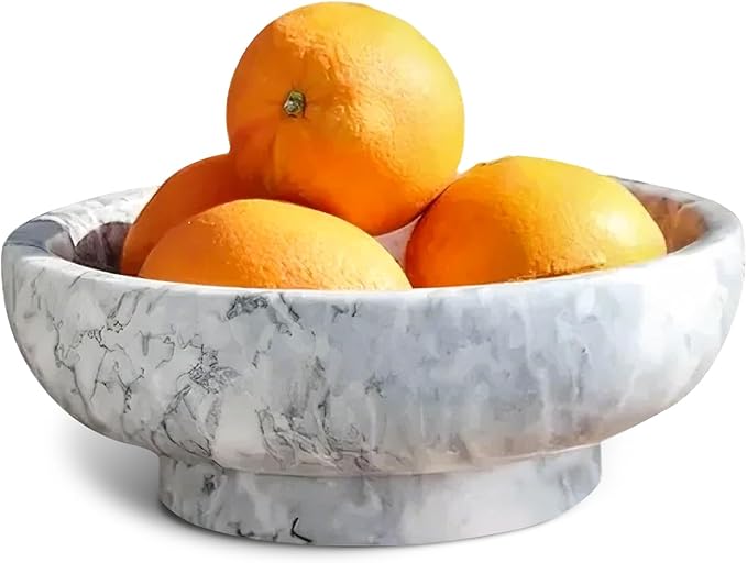Natural White Marble Bowl with Grey Veins Large Decorative Bowl for Home Decor，Entryway, Fruit Display, Key Holder, Centerpiece (10.2" Diameter)