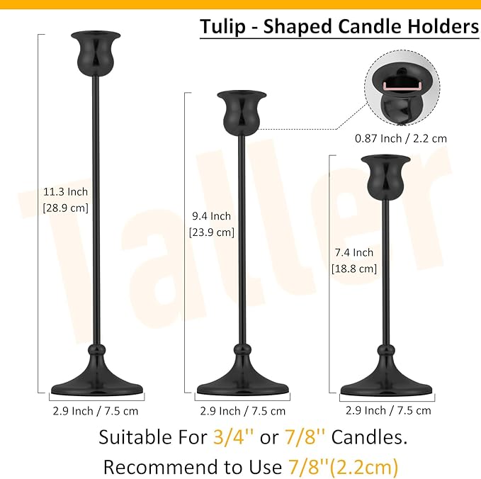 Taper Candle Holder Tall Vintage Metal Candlestick Holders Candle Stick Candelabra for Halloween Thanksgiving Christmas Holiday Wedding (Matt Black, 2 Sets (6 pcs))