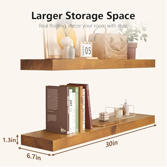 Habudda Floating Shelves, Wall Shelf for Bathroom Bedroom Kitchen, Natural Pine Real Wooden Shelves, Wall Mounted, 100% Pine, Set of 2, 30 Inches Long, Honey Oak