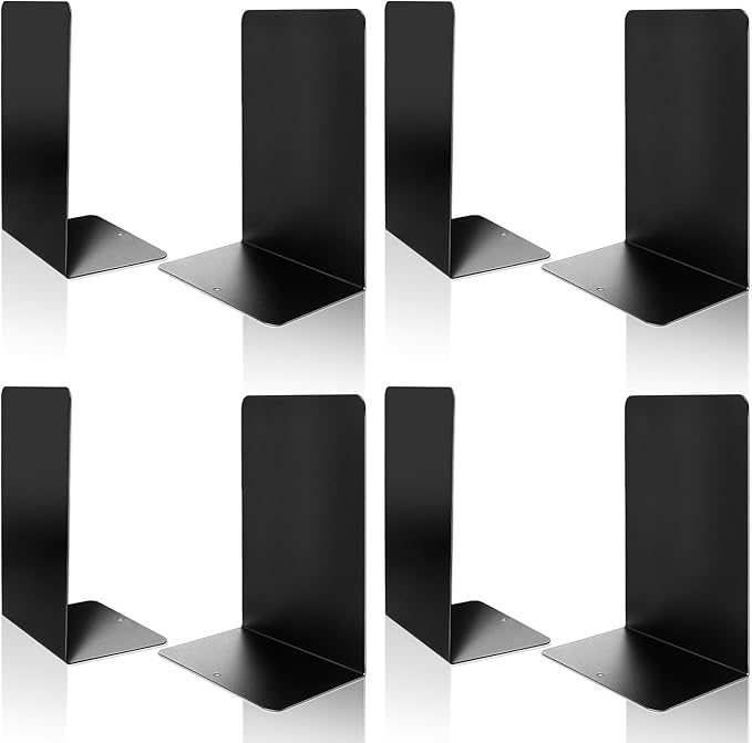 VONDERSO Metal Bookends, 4 Pairs Black Metal Book Ends Heavy Duty for Shelves Decor Home Office, Unique Black Bookends Supports Anti-Slip for Kids